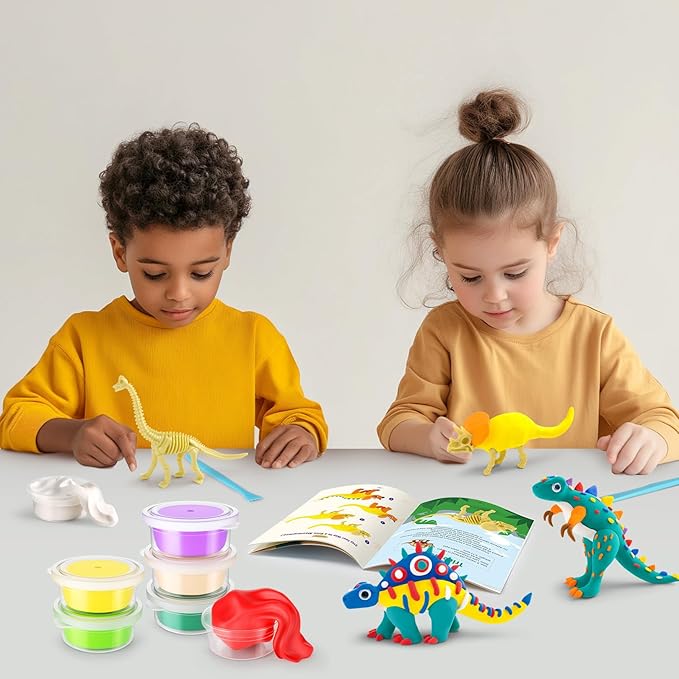 Drama Planet Dinosaur Air Dry Clay Kit – Create 5 Dinosaur Models with 12 Colors of Modeling Clay, Instruction Guide – Fun & Educational Craft Set for Kids-CubbioJoy