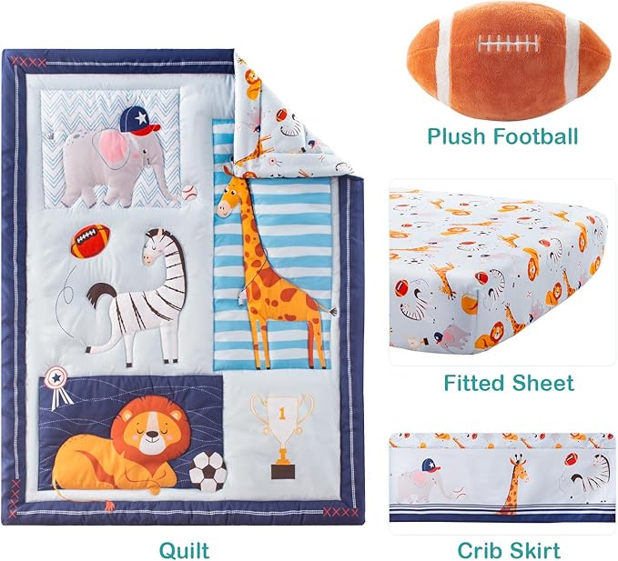 4 Piece Crib Bedding Set for Boys Girls, Infant Toddler Nursery Baby Bedding Sets Includes Cartoon Quilt, Fitted Crib Sheet, Crib Skirt and Plush Football Toy (MVP)-CubbioJoy