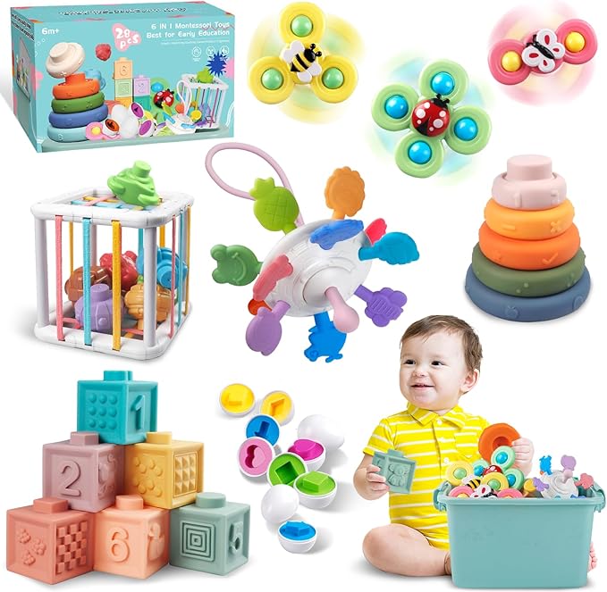 Baby Toys for 6 to 12 Months, Montessori Sensory Bins & Teething Toys, 6 in 1 Stacking Blocks, Rings, Eggs, Spinner, Crab Shape, 27 Pieces, Ages 6-36 Months-CubbioJoy