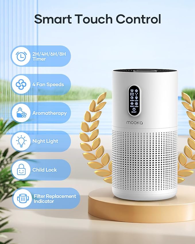 Air Purifiers for Home Large Room up to 1500 ft², MOOKA HEPA Air Purifier for Home Pets Hair in Bedroom with Aromatherapy, Air Filter Cleaner for Dorm, Pets, Office, 20dB, Night Light, B-D03, White-CubbioJoy