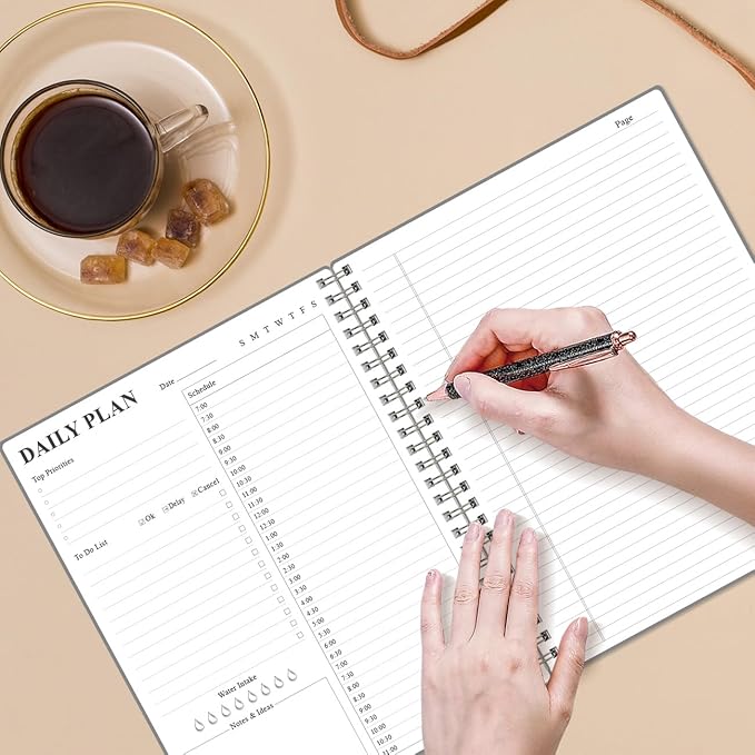 Daily Planner Undated - A4 To Do List Notebook Hourly Schedules, Spiral Appointment Planner for Women and Men,PVC Hardcover, Inner Pocket, Elastic Closure, 8.5" x 11", Grey-CubbioJoy