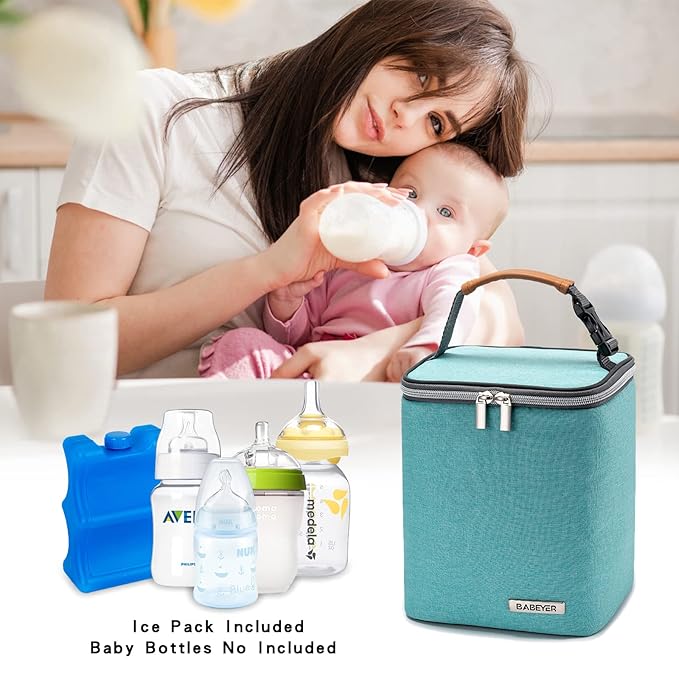 Breast Milk Cooler Bag with Ice Pack Fits 4 Baby Bottles Up to 9 Ounce, Baby Bottle Bag for Nursing Mom Daycare-Aqua-CubbioJoy