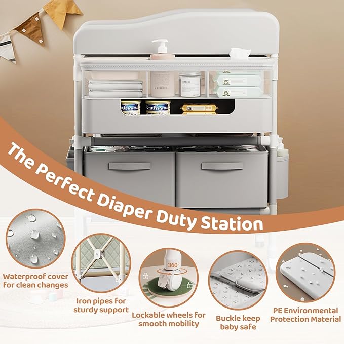 Baby Changing Table, Versatile Folding Changing Table with 2 Drawers, Portable Baby Diaper Changing Station with Toy Holder, Adjustable Height Mobile Nursery Diaper for Infant and Newborn-CubbioJoy