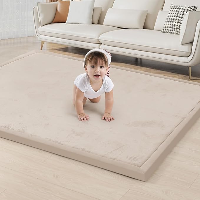 ACOMOPACK Baby Play Mat for Floor 1.3" Thick Memory Foam Play Mat 39"×59" Tummy Time Crawling with Non-Slip Bottom for Living Room,Nursery,Soft Velvet Playpen Mats for Kids,Infants（Beige）-CubbioJoy