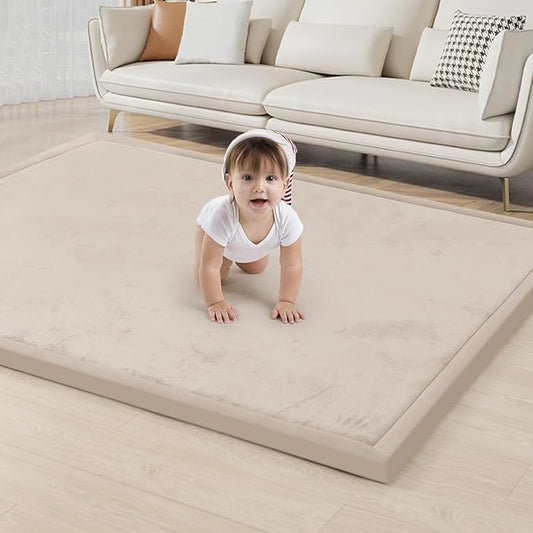 ACOMOPACK Baby Play Mat for Floor 1.3" Thick Memory Foam Play Mat 39"×59" Tummy Time Crawling with Non-Slip Bottom for Living Room,Nursery,Soft Velvet Playpen Mats for Kids,Infants（Beige）-CubbioJoy