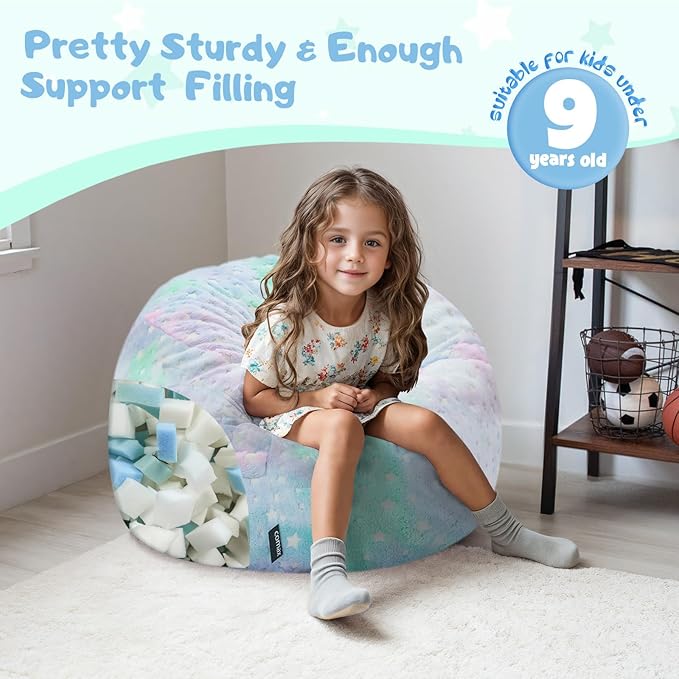 COMAX Kids Bean Bag Chair Turn into Beanbag Bed, Unicorn Toddler Bean Chair for Girl Boy Sleeping, Lazy Children Sofa Couch with Filler, Convertible Child Floor Mattress, Colorful Star-CubbioJoy