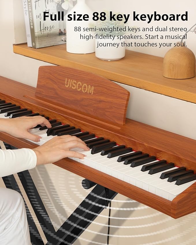 88 Key Digital Piano Keyboard for Beginners - Full Size Semi Weighted Wooden Electric Piano Set with Stand, Triple Pedal, Headphone,Carry Bag - Supports USB-MIDI Connecting (Wood Grain Brown)-CubbioJoy