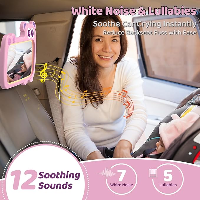 2-in-1 Baby Car Mirror with Lights & Soft Sounds, Cry Detector, Clear Night View, 360° Rotation, Shatterproof, Rear Facing Baby Car Seat Mirror with Remote Control, Perfect Baby Shower Gifts (Pink)-CubbioJoy