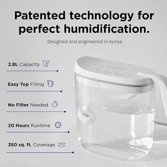 Carepod Mini 21P Ultrasonic Cool Mist Humidifier for Bedroom, Quiet & Safe for Baby, Transparent, Only 3 Washable Parts & Easy to Clean, Filter-Free, Automatic Shut-off, Lasts 20Hrs (0.74Gal/2.8L)-CubbioJoy
