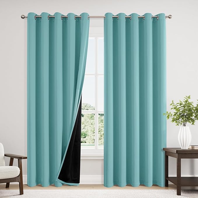 ChrisDowa 100% Blackout Curtains 84 inch Long for Bedroom with Black Liner, Extra Wide 2 Thick Layers Total Blackout Thermal Insulated Grommet Window Curtains 2 Panels Set (Aqua, 60 x 84 Inch)-CubbioJoy