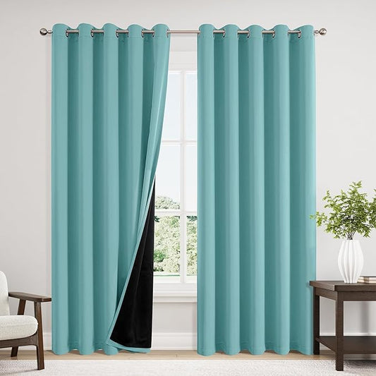 ChrisDowa 100% Blackout Curtains 84 inch Long for Bedroom with Black Liner, Extra Wide 2 Thick Layers Total Blackout Thermal Insulated Grommet Window Curtains 2 Panels Set (Aqua, 60 x 84 Inch)-CubbioJoy