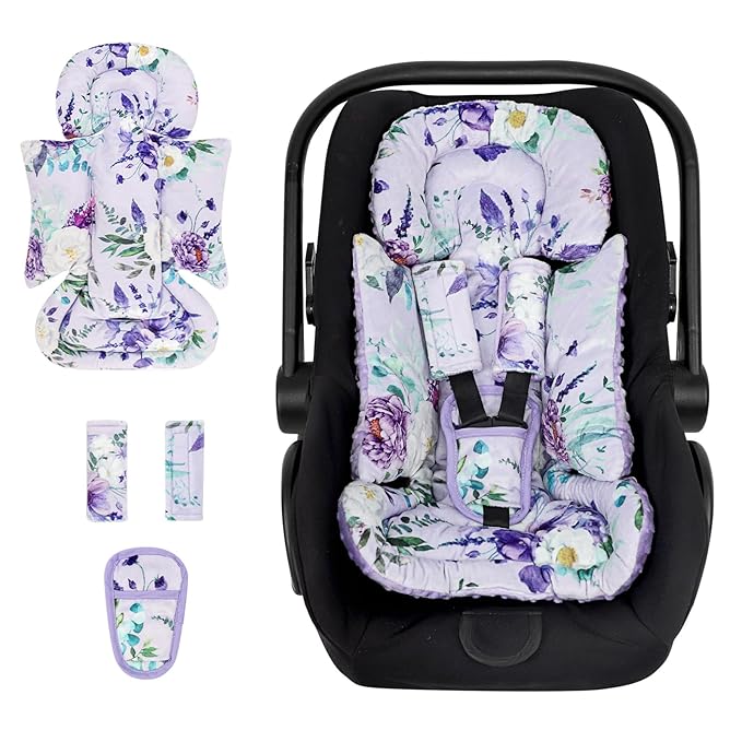 Infant Car Seat Insert and Strap Covers, Very Soft Car Seat Head Support Baby Girl Boy, Reversible Newborn Carseat Insert Cushion Fits for Stroller, Baby Swing, Bouncer (Purple Floral)-CubbioJoy