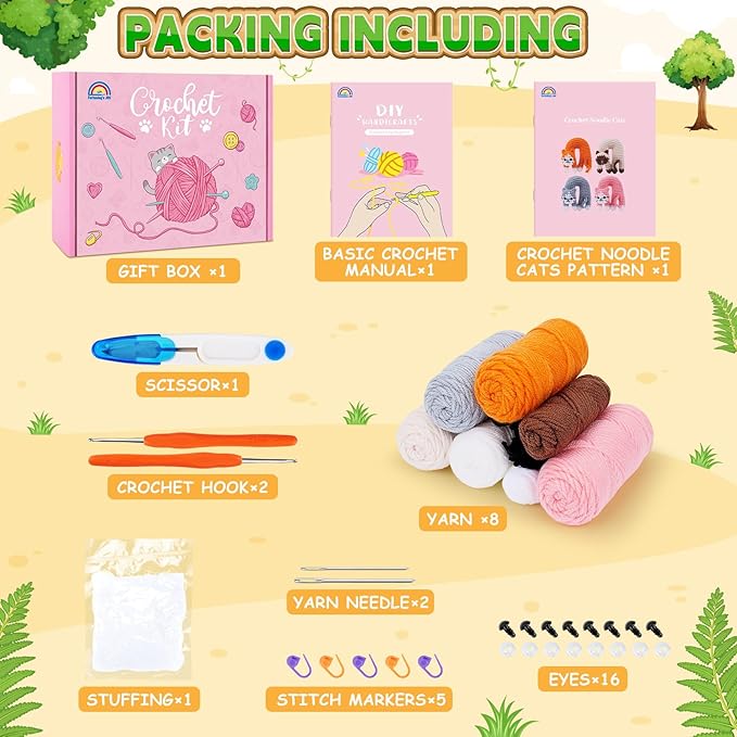 Crochet Kit for Beginners, 4 Pack Funny Cat Crochet Kits, Animal Starter Crochet Kit with Step-by-Step Video Tutorials, Easy DIY Cat Craft for Adults & Kids, Novelty Gift for Crochet Lovers-CubbioJoy
