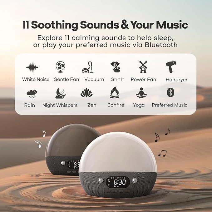 Dekala Smart Sunrise Alarm Clock with Wireless Charging for iPhone 14 13 12 Apple Watch AirPods Samsung, White Noise Sleep Sounds Machine, Nursery Night Light for Heavy Sleeper-CubbioJoy
