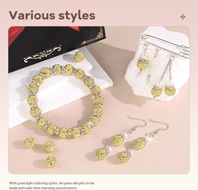 200pcs 10mm Rhinestone Beads for Jewelry Making, Light Yellow Shiny Round Disco Beads Bulk, Sparkle Crystal Clay Christmas for Bracelet Baseball Necklace Earring Crafting and DIY-CubbioJoy