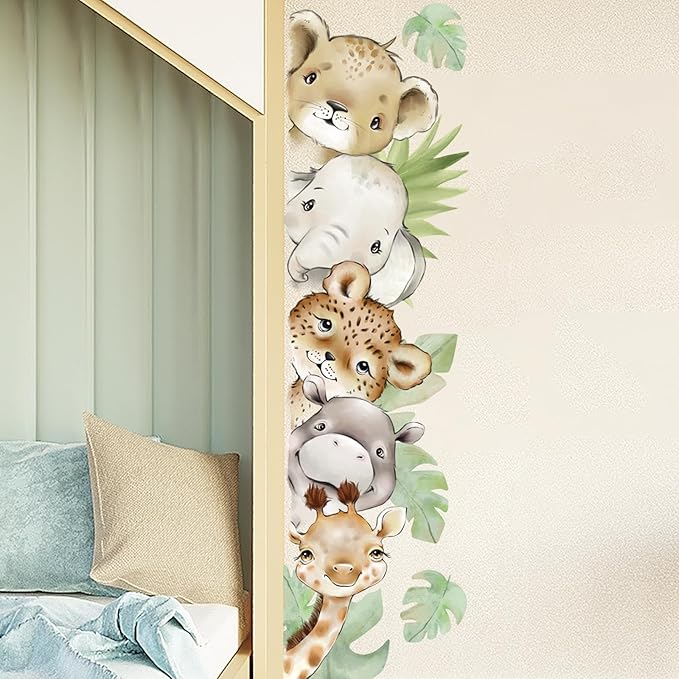 55.12 x 15.75 InchWatercolor Jungle Animal Wall Decals Tiger Elephant Zebra Giraffe Hippo Forest Wall Stickers Removable Peel and Stick Stickers for Baby Nursery Playroom Bedroom Classroom-CubbioJoy