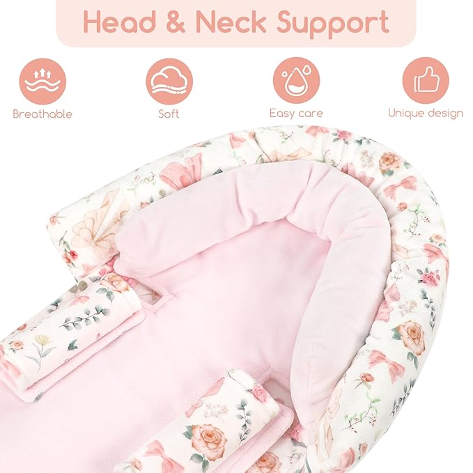 Baby Car Seat Head Support for Newborn, GFU 2 in 1 Infant Car Seat Head Body Support with Strap Pads, Soft Stroller Cushion Pillow Insert for Girls, Fits for Stroller, Swing, Pink Floral-CubbioJoy