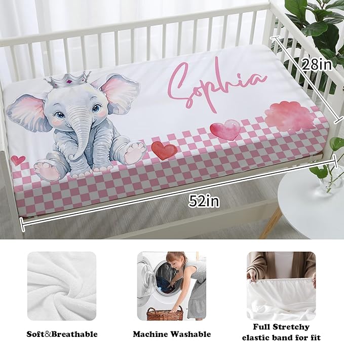 Custom Nursery Crib Bedding Set: Personalized Name 4 Piece Pink Checkered Elephant Pattern Baby Crib Sets for Girls - Toddler Double Layer Blanket Set, Comfortable Crib Bed Sheets for Baby Toddlers-CubbioJoy