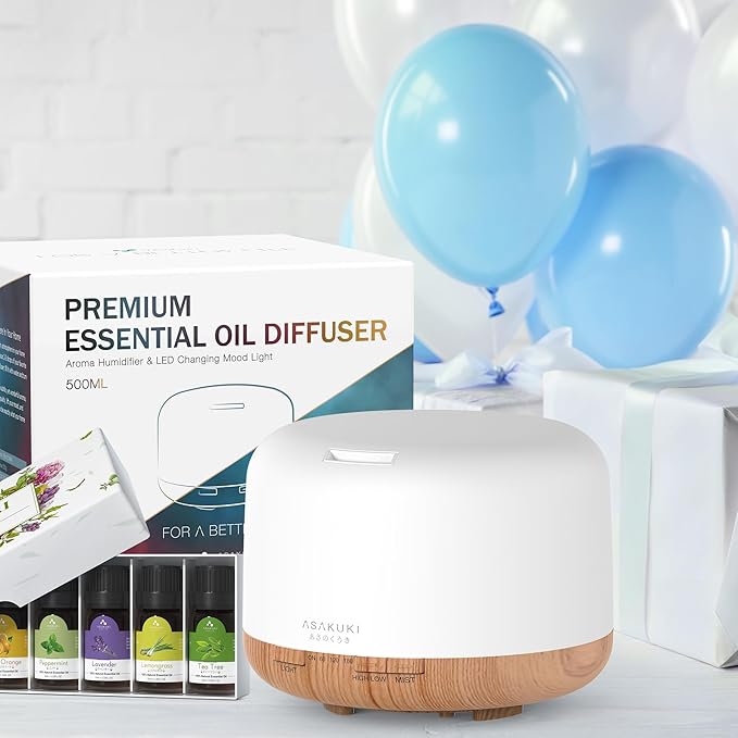 ASAKUKI Oil Diffuser with Essential Oils Set, 500ml Aromatherapy Humidifier with 14 LED Colors & Auto Shut-Off - 6 Oil Gift Pack(Lavender Eucalyptus Tea Tree Orange Peppermint Lemongrass)-CubbioJoy