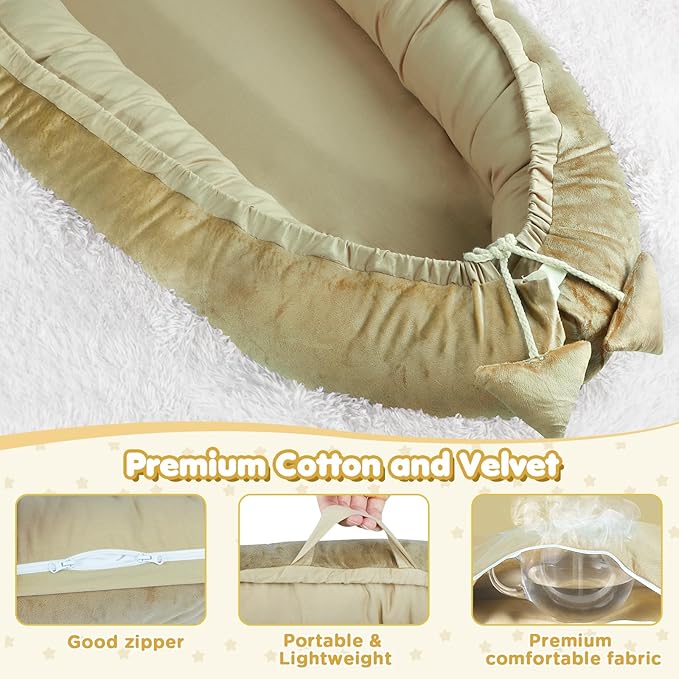 Baby Lounger - Baby Lounger for Newborn 0-24 Months, Breathable & Soft Cotton and Velvet Cover Baby Nest, Portable Tummy Time Lounger for Home and Travel, Ideal Baby Essentials & Shower Gifts-CubbioJoy