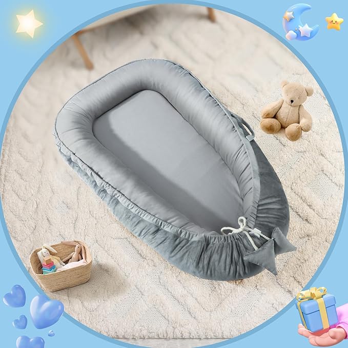 Baby Lounger - Baby Lounger for Newborn 0-24 Months, Breathable & Soft Cotton and Velvet Cover Baby Nest, Portable Tummy Time Lounger for Home and Travel, Ideal Baby Essentials & Shower Gifts-CubbioJoy
