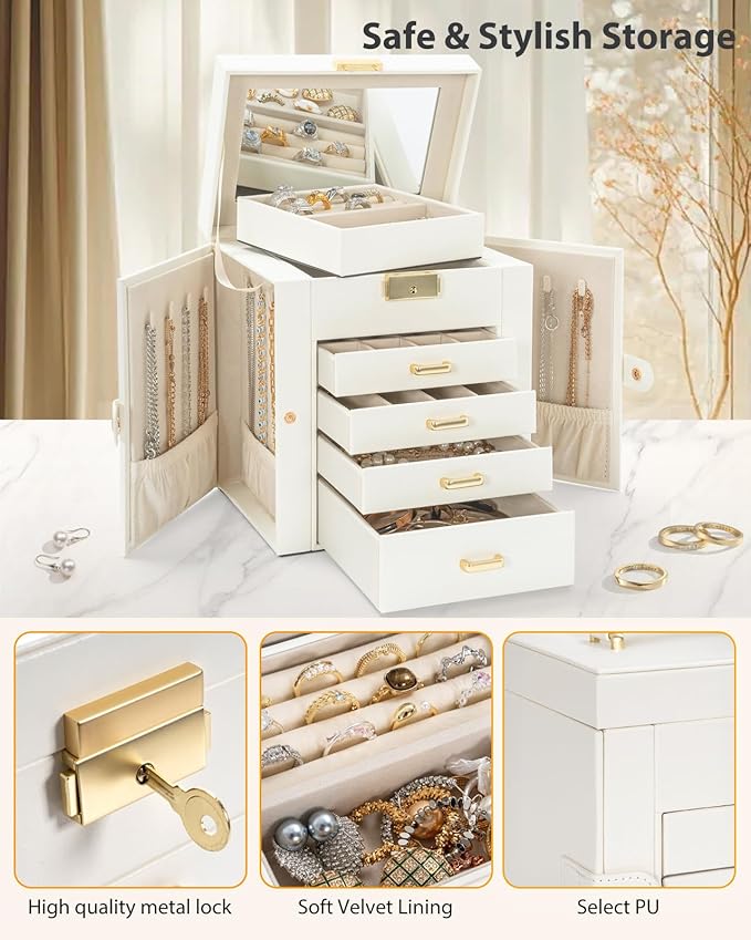 AKOZLIN 5-Tier Jewelry Box Leather Jewelry Storage Organizer with 4 Drawers Lockable for Women Girls Ring Necklace Earring Bracelet Watches Holder with Mirror White-CubbioJoy