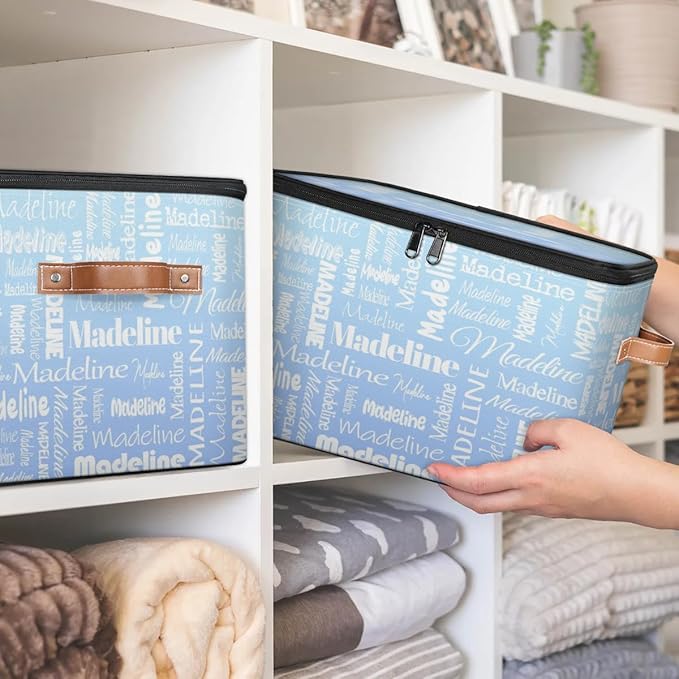 Custom Storage Basket with Name, Personalized Storage Bins with Zipper Lid, Foldable Fabric Storage Box Large capacity with Handle White Blue-CubbioJoy
