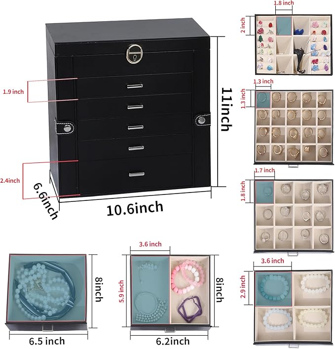 BOOVO Jewelry Box For women, 6 Layer Large Jewelry Organizer With Mirror, Multi-Function Storage Box With Lock, Accessory Holder With 5 Drawers, For Earrings Necklace Ring Bracelet (Black)-CubbioJoy