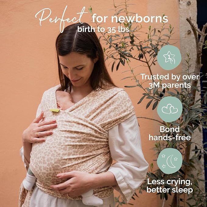 Boba Baby Wrap Carrier – Original Baby Sling Carrier for Newborns (7–35 lbs), Soft, Secure, Hands-Free & Ergonomic, Ideal for Comfortable Bonding, New Parents (Sand Leopard)-CubbioJoy