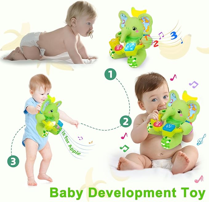 Baby Elephant Musical Stuffed Animals Toy with Light-Up Music & Crinkle Sound Paper,Infant Bilingual Early Learning Education Toys,Tummy Time Toys for 0-3-6-12+ Months Boy Girl, Green-CubbioJoy