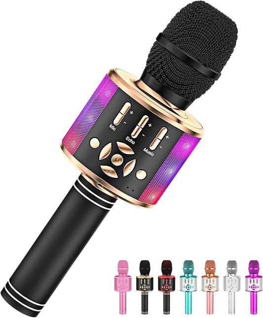 Amazmic Kids Karaoke Microphone Machine Toy Bluetooth Microphone Portable Wireless Karaoke Machine Handheld with LED Lights, Gift for Children Adults Birthday Party, Home KTV(Black Gold)-CubbioJoy