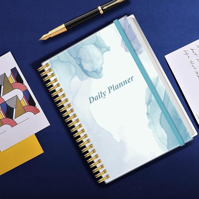 Daily Planner Undated - B5 To Do List Notebook Hourly Schedules, Spiral Appointment Planner for Women and Men, PVC Hardcover, Inner Pocket, Elastic Closure, 7" x 10", Blue Watercolor-CubbioJoy