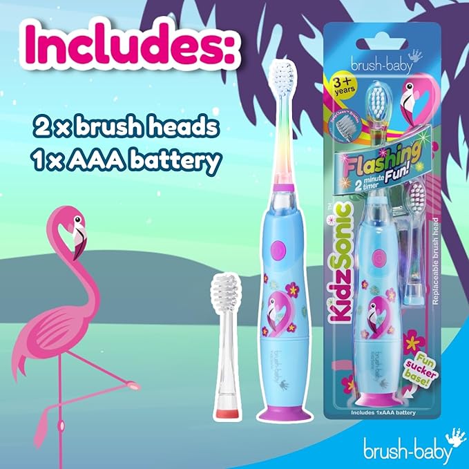 Brush‑Baby - KidzSonic Flamingo Kids Electric Toothbrush for Ages 3+ with Disco LED Lights, Gentle Sonic Vibrations, 2-Minute Smart Timer & 30‑Second Pulse Reminders – AAA Battery Included-CubbioJoy