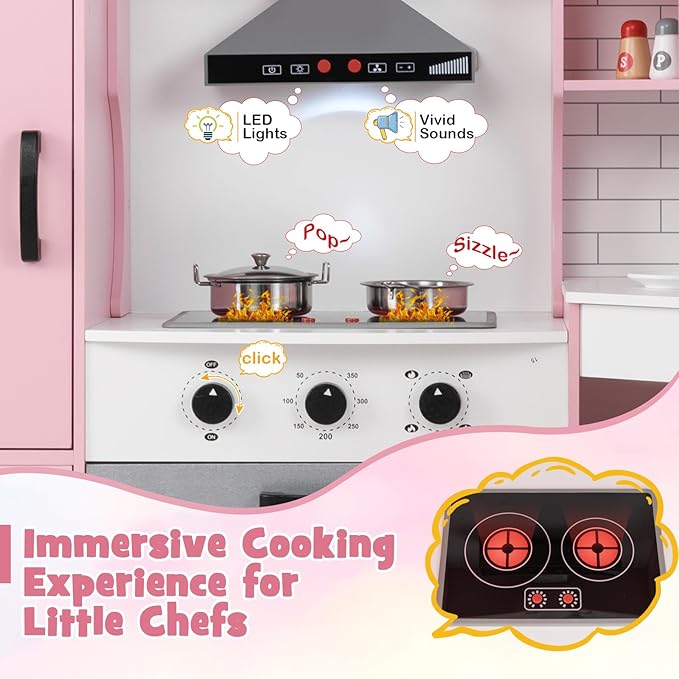 Costzon Corner Kids Kitchen Playset, Wooden Play Kitchen with Sounds & Lights, Washing Machine, Range Hood, Ice Maker, Microwave, Oven, Sink, Pretend Toy Kitchen Set for Toddler, Gift for Boys Girls-CubbioJoy