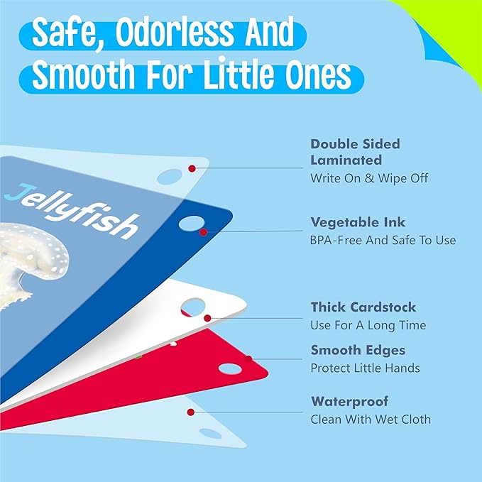 50 PCS Early Learning Flashcards, 7 in 1 Double Sided Cards- Alphabet, Numbers, Foods, Animals, Shapes, Colors with 2 Reclosable Rings, Learning Tool for Pre-K Kindergarten Toddlers-CubbioJoy