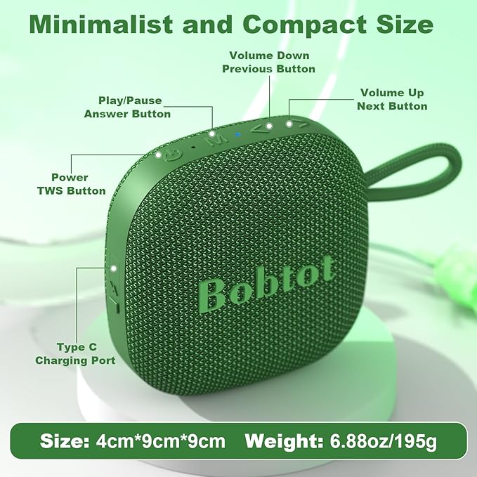 Bobtot Portable Bluetooth Speakers Wireless - IPX7 Waterproof Mini Shower Speaker with 16 Hours Playtime, Loud Stereo Sound, Rich Bass, TWS, Built-in Mic, Small Size for Travel Sport, Green-CubbioJoy