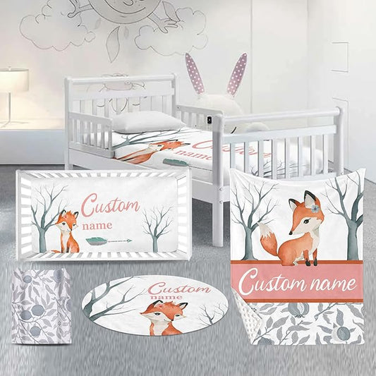 Custom Nursery Crib Bedding Set: Personalized Name 4 Piece Fox Pattern Baby Crib Sets for Girls - Toddler Double Layer Blanket Set, Comfortable Crib Bed Sheets for Baby Toddlers-CubbioJoy