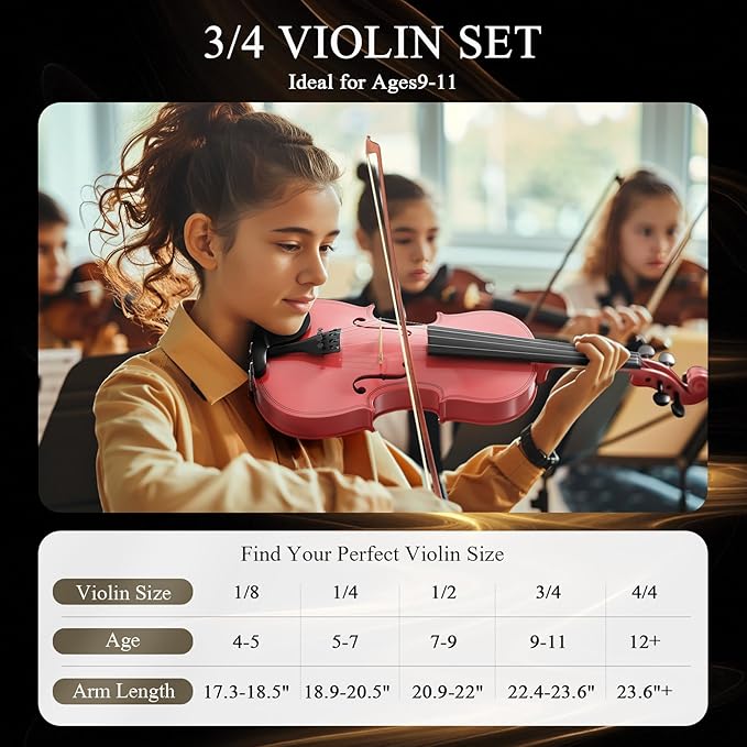 3/4 Violin Kit, Beginner Violin for Kids, Students, Complete Kids Violins Set with Case, Bow, Rosin, Ideal for Kids Violinss Beginner Ages 9-12, Rose Pink-CubbioJoy