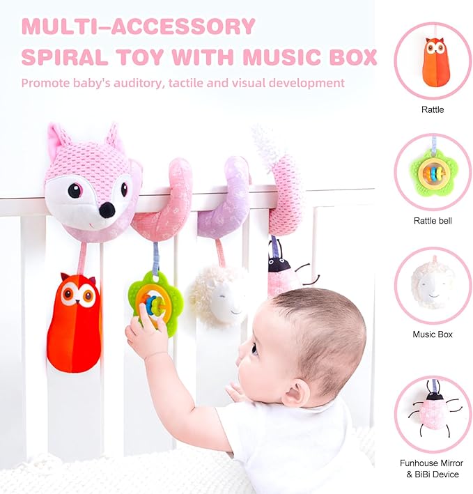 Jollybaby Baby Car Seat Stroller Toys, Plush Activity Hanging Spiral Activity Pram Crib with Music Box, Rattles, Squeaker for Babies Infant Boys Girls(Pink Fox)-CubbioJoy