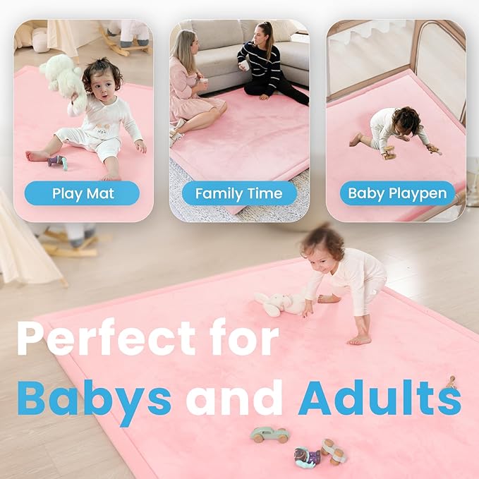 Baby Play Mat for Kids Room,Extra Thick Elasti-Foam Anti-Fall Cushion Mat for Babies,Toddlers,Infants,Water-Repellent&Non-Slip Bedroom Bedside Rugs(Pink)-CubbioJoy