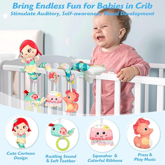 Carseat Toys Hanging Car Seat Toys for Babies 0-6 Months Boy Girl, Mermaid Stroller Toy Newborn Infant Sensory Baby Toy 0-6 Months with Music Rattle Teether, Gift for 0 3 6 9 12 Months-CubbioJoy