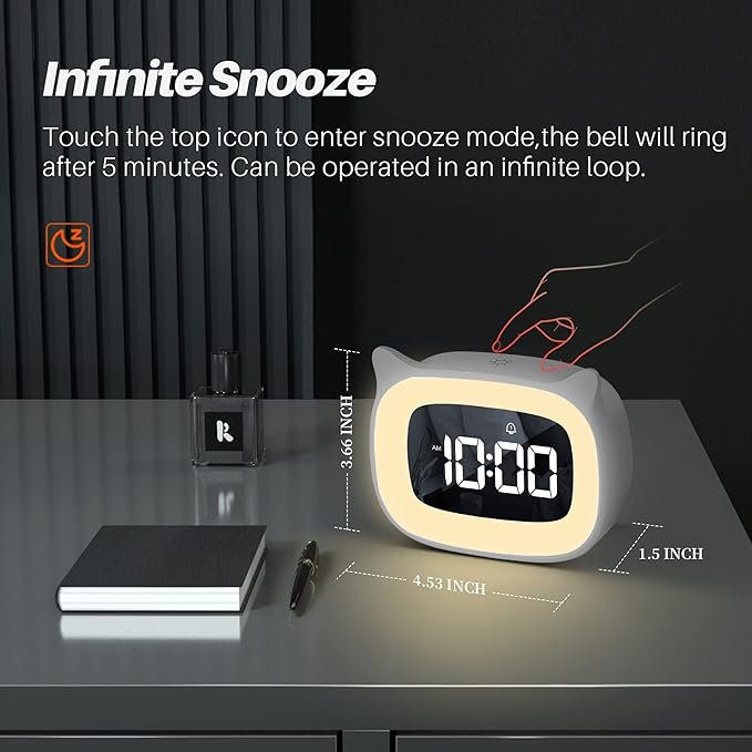Kids Alarm Clock with Night Light & 18 Ringtones,Rechargeable,Cute Cat Ear Clock for Boys Girls Birthday Presents,Digital Clock for Children's Bedroom(White)-CubbioJoy
