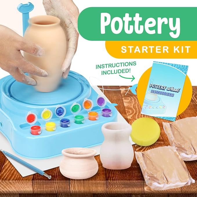 Insnug Mini Kids Pottery Wheel: Complete Painting Kit for Beginners with Modeling Clay and Sculpting Tools, Arts & Crafts Small Banding Wheel for Pottery, Tiny Pottery Wheel for Kids Age 8-12, 10-13-CubbioJoy