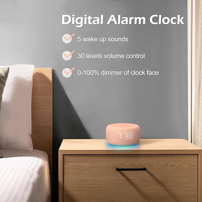 Buffbee Sound Machine & Alarm Clock 2-in-1, 0-100% Clock Face Brightness, Bottom Colored Light, Sleep Timer, Precise 30-Level Volume White Noise Machine, Digital Alarm Clocks for Bedrooms - Peach-CubbioJoy