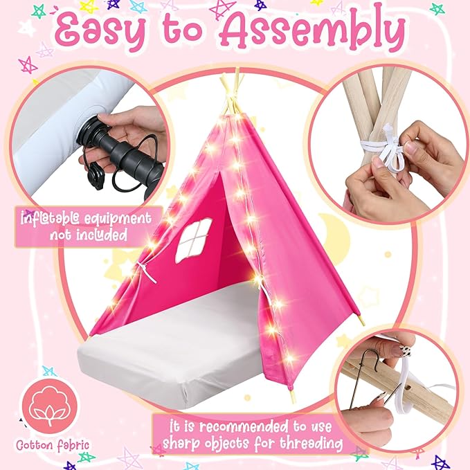 6 Pack Sleepovers Teepee Tent for Kids Bulk with Mattress Sheet Light,Natural Cotton Washable Indoor Play Tent for Birthday Slumber Party Girls Boys Pajama Movie Night Supplies(Pink, Rose Red)-CubbioJoy