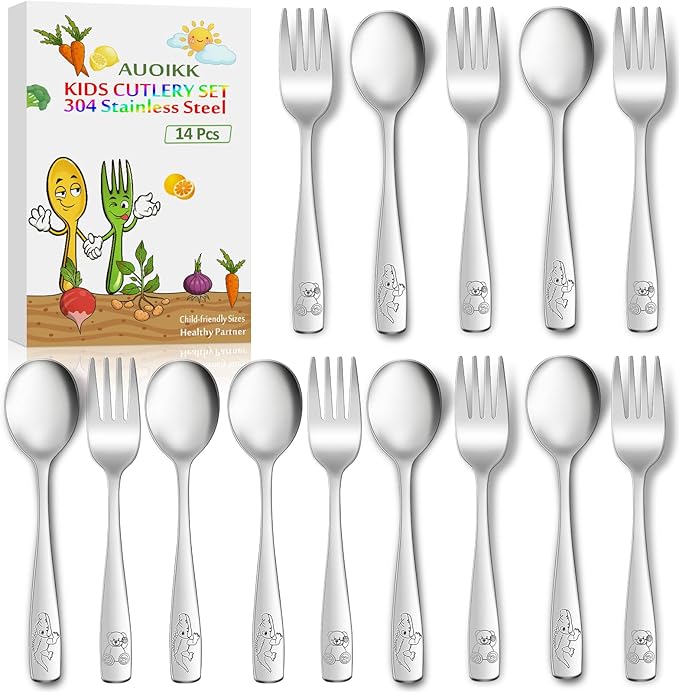 14-Piece Toddler Flatware, Kids Utensils Stainless Steel Cutlery Set, Children Safe Spoons and Forks with Ergonomic Handle, Easy to use and Dishwasher Safe (Crocodile and Bear)-CubbioJoy