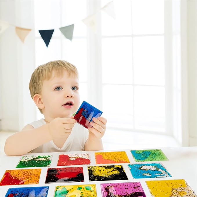 Art3d 6”x6” Square Sensory Fidget Liquid Motion Tiles for Kids, Toddler, Teens - Interactive Soft Gel Liquid Play Mats for Home, Schools, Playrooms, Multi-Pack of 12 Tiles-CubbioJoy