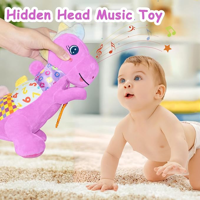 Baby Dino Plush Soft Stuffed Animal Toy for 0-3-6-12+ Months,Infant Musical Toy with Rattle,Squeaker,Sensory Crinkle,Teether & Textures,Toys for Christmas Baby Gift for Newborn Girl Boy (Purple)-CubbioJoy