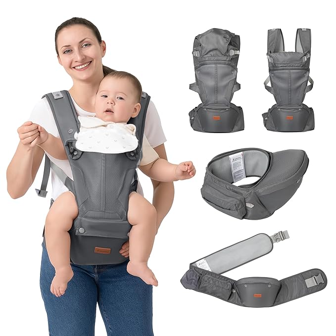 BabbleRoo Grow Carrier – Safety-Certified 6-in-1 Baby Carrier with Hip Seat, Ergonomic & Adjustable Toddler Carrier 7-50 lbs with Hip Support, Hood for Sun Protection, Newborn to Toddler, Gray-CubbioJoy