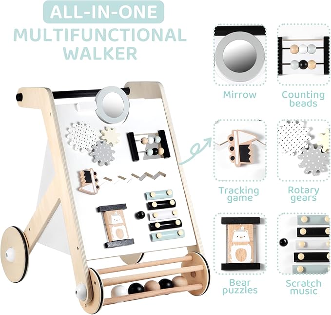 Beright Wooden Baby Walker with Roller, Push and Pull Learning Activity Walker, Multi-Functional Kids’ Activity Toy, Multiple Activities Center, Develops Motor Skills & Stimulates Creativity, Natural-CubbioJoy